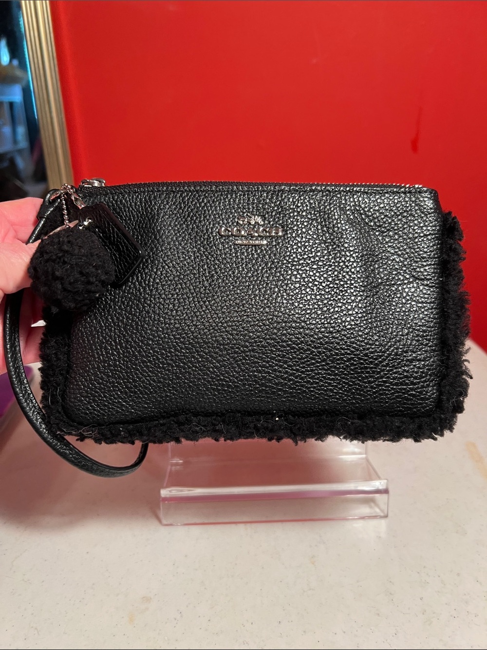 Coach Black Pebbled Leather Shearling-Trim Wristlet - Picture 3 of 14